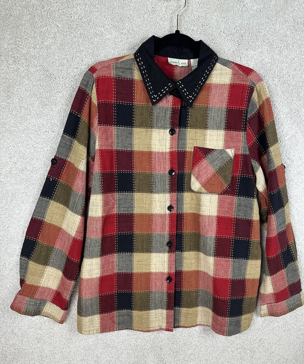 Womens Patchwork Quilted Shacket Size 16 Studio Ease Plaid Picnic Table Cloth